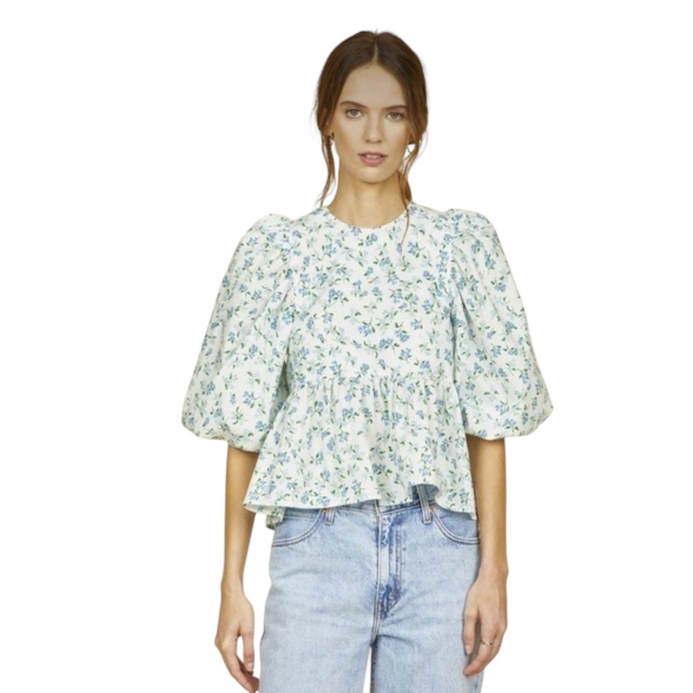 Hunter Bell Harlow Dewberry Floral Puff Sleeve Peplum Blouse Size‎ S